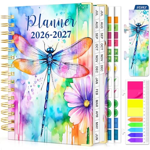 Academic Planner 2026-2027, 18 Months Weekly & Monthly Calendar Planner | July 2026 - Dec 2027, 6.6" x 8.3 A5 Size, Hardcover Daily Agenda with Tabs, Inner Pocket, Bookmark, Stickers, Sticky Note Set - color: Colorful Dragonfly, size: A5