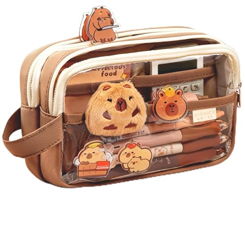 Large Capacity Clear Pencil Case, Waterproof Multi-Layer Pencil Pouch with Capybara Plush and Stickers,Office Supplies Desk Organizer, Big Pen Case for Adults, Cosmetic Bag Travel Stationery Holder