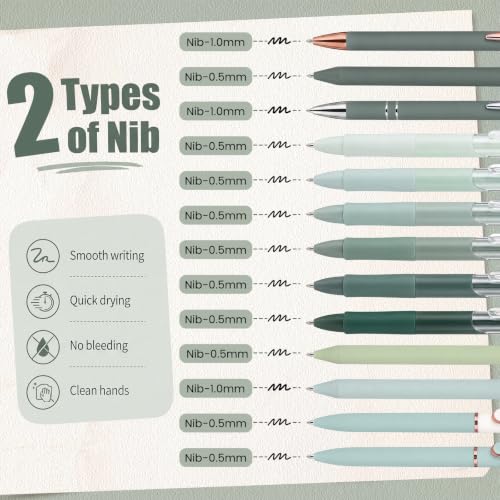 Dunzoom 13 Pack 0.5mm Black Ink Gel Pens 1.0mm Ballpoint Pen Retractable Fine Point Neutral Pens Bulk Quick Dry Smooth Writing for Back to School Office Supplies Note Taking Meeting(Green) - color: Green