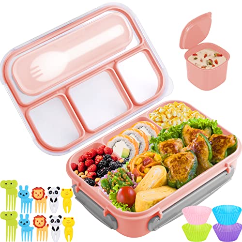 Yumuk Bento Box for Kids, 1300ML Lunch Box Kids with 4 Compartment&Food Picks Cake Cups, Lunch Box Containers for Adults/Kids/Toddler, Leak-Proof (Pink) - color: Pink