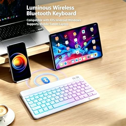 Mini Bluetooth Keyboard, Small Portable Wireless Rechargeable Keyboard with 7-Color RGB Backlit for iPad iPhone Android Samsung Tablet Smartphone(White) - color: white1