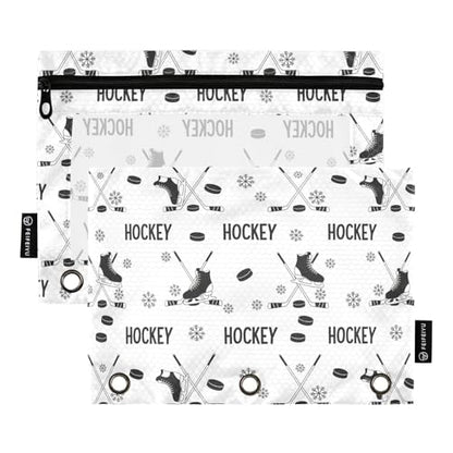 Ice Hockey White Pencil Pouch for 3 Ring Binder 2 Pcs Binder Pouches with Zipper Pocket Pencil Case Bag with Clear Window for Office Work School Supplies - color: Ice Hockey Black