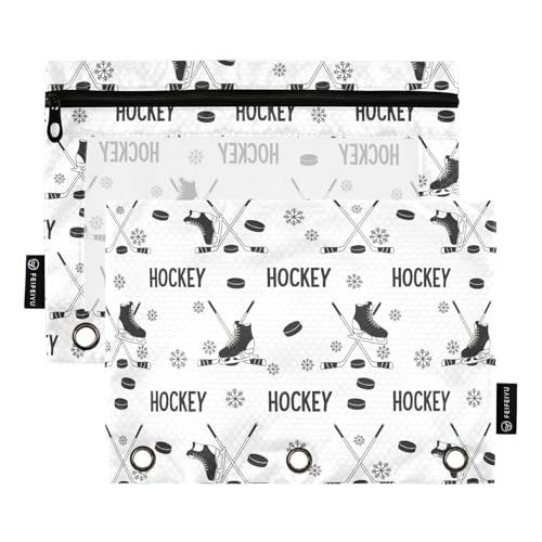 Ice Hockey White Pencil Pouch for 3 Ring Binder 2 Pcs Binder Pouches with Zipper Pocket Pencil Case Bag with Clear Window for Office Work School Supplies - color: Ice Hockey Black