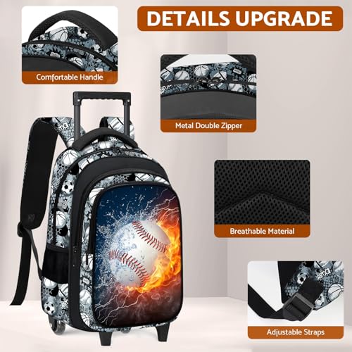 Boys Rolling Backpack for Kids - Baseball Kids Rolling Backpack with Wheels for Elementary Middle School Students - Sport Roller School Bookbag Aged 6-18, Wheeled Travel Bag Large Capacity - color: Baseball-001-backpack Only