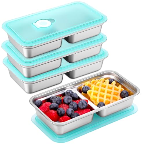 4 Pack Grab and Go Snack Containers Reusable, Stainless Steel Double Compartment Snack Containers with Leakproof Lids for Travel and Outdoor Camping School Lunch Prep Dishwasher Safe (4)