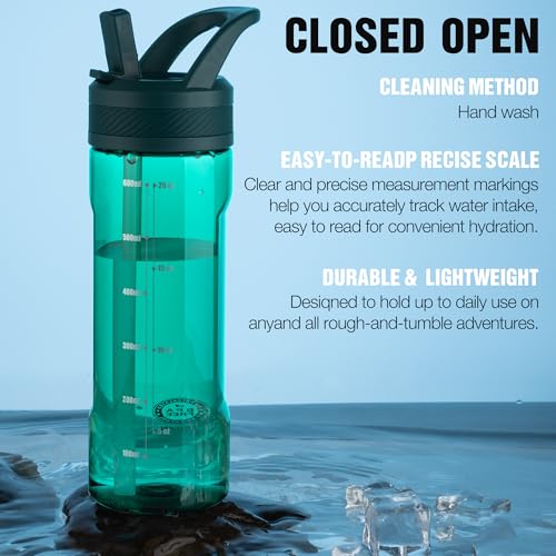OLDLEY 20oz Kids Water Bottle with Straw, BPA-Free Tritan Water Bottle for School, Leakproof Clear Water Bottle with One Click Open, Measurement Scale, Cup Holder Friendly for Boys Girls,Lagoon - color: Lagoon