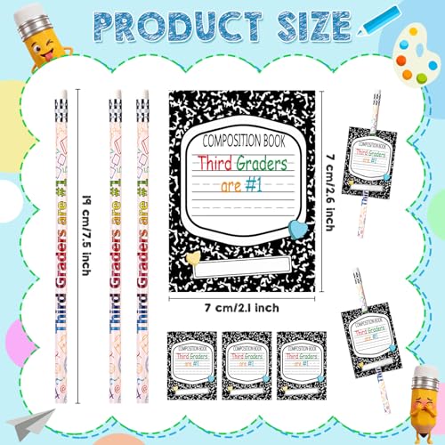 Tenceur 24 Set/48 Pcs Back to School 3rd Graders Pencils and Cards Set, Third Grade Motivational Wooden Pencil with Erasers, Composition Book Greeting Note for Student Classroom Reward Gift - style: 3rd Graders