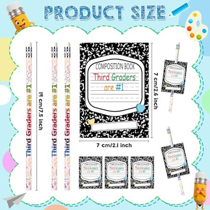 Tenceur 24 Set/48 Pcs Back to School 3rd Graders Pencils and Cards Set, Third Grade Motivational Wooden Pencil with Erasers, Composition Book Greeting Note for Student Classroom Reward Gift - style: 3rd Graders