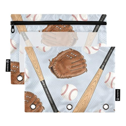 Baseball Pencil Pouches for 3 Ring Binder, Zipper Binder Pencil Case, 2 Pack Clear Window Case Bag for Office Organizers - color: Baseball