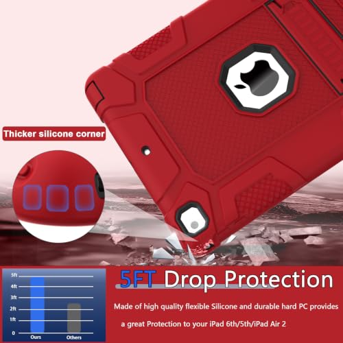 iPad 6th Generation Cases, iPad 5th Generation Case, iPad Air 2 Case, Shockproof Rugged Drop Protection Cover Built with Kickstand for iPad 9.7'' A1893/A1954/A1822/A1823(Red) - color: Red+Black