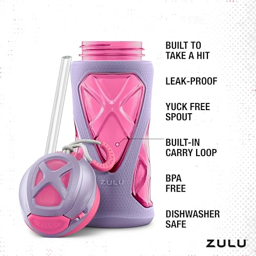 ZULU Torque 16oz Plastic Kids Water Bottle with Silicone Sleeve and Leak-Proof Locking Flip Lid, Soft Touch Carry Loop for School Backpack, Lunchbox, BPA-Free Dishwasher Safe - color: Pink, style: 2 Packs