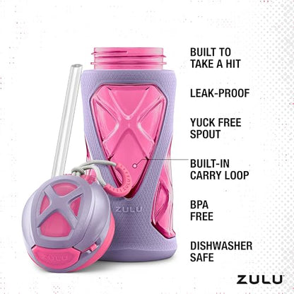 ZULU Torque 16oz Plastic Kids Water Bottle with Silicone Sleeve and Leak-Proof Locking Flip Lid, Soft Touch Carry Loop for School Backpack, Lunchbox, BPA-Free Dishwasher Safe - color: Pink, style: 2 Packs