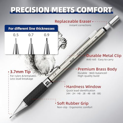 WUO 36PCS Art Mechanical Pencil Set with Storage Case, Metal Drawing Pencil | 0.5, 0.7, 0.9mm & 3PCS 2mm (2H HB 2B 4B Color) & 432 Lead Refills, 1 Eraser Pen, Artist Tech Pencils for Sketching, Drafting
