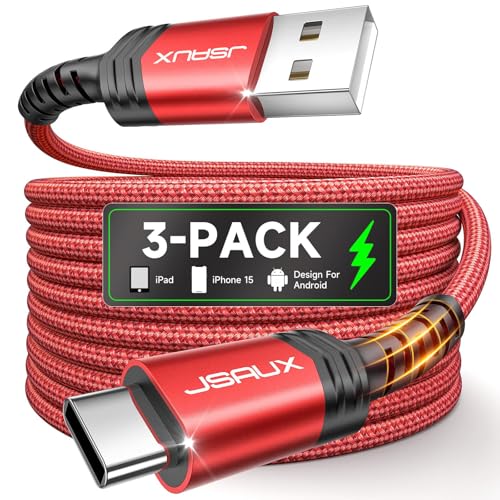 JSAUX USB C Cable [3-Pack 6.6ft], USB A to USB C for iPhone, Samsung, Red | Type C Fast Charging Cord for iPhone 17e, iPhone 17/16/15 Series, iPad 10, Samsung Galaxy S20 S10 S10+, LG V30, Car Play - color: Red, size: 6.6ft+6.6ft+6.6ft