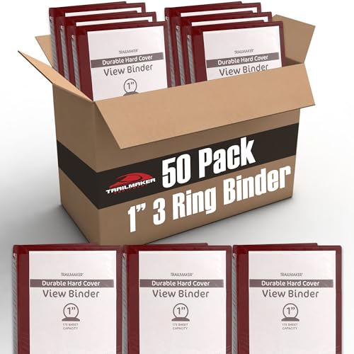 Trail Maker 1 inch Binders (50 Pack), 3 Ring Hardcover Binders in Bulk with Clear View Cover, Pockets for Classroom, Office, Portfolios | Bulk School, Teacher, Office Supplies (Red Pack) - color: Red Only Pack