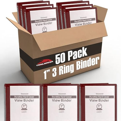 Trail Maker 1 inch Binders (50 Pack), 3 Ring Hardcover Binders in Bulk with Clear View Cover, Pockets for Classroom, Office, Portfolios | Bulk School, Teacher, Office Supplies (Red Pack) - color: Red Only Pack