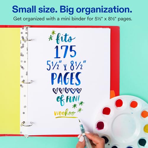 Avery Mini 3 Ring Binder, Holds 5.5" x 8.5" Paper, 1" Round Rings, 175-Sheet Capacity, 1.4 Inch Wide Spine, Watercolor Rainbow Design, Great for Home, Office, School Supplies, and More (18713)
