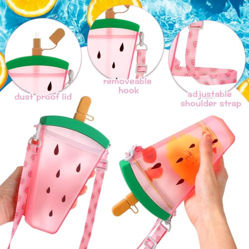 Patelai 8 Pcs 10.8oz Cute Water Bottles with Straw Kawaii Ice Cream Cups Leak Proof Drinking Bottles with Adjustable Shoulder Strap for Sports Travel Camping (Watermelon) - style: Watermelon