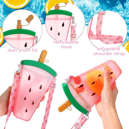 Patelai 8 Pcs 10.8oz Cute Water Bottles with Straw Kawaii Ice Cream Cups Leak Proof Drinking Bottles with Adjustable Shoulder Strap for Sports Travel Camping (Watermelon) - style: Watermelon