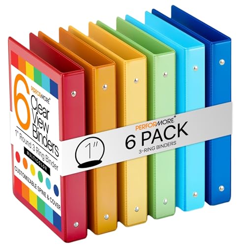 Performore 6-Pack Multi-Color 3-Ring Binders, 1-Inch Round Rings, 8.5x11 Inches, Versatile Binders for Office, Home, & School Use, Assorted Colors (Dark Blue, Green, Orange, Red, Yellow, Bright Blue)