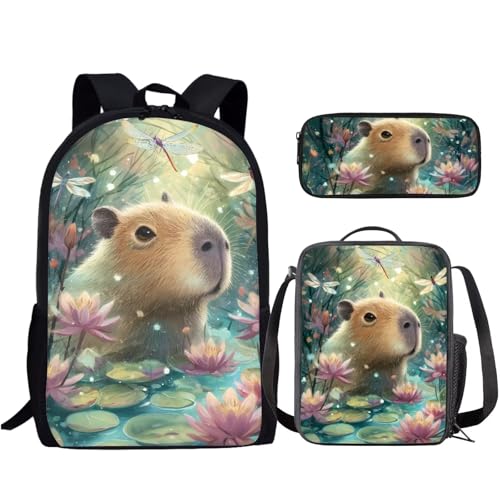 Cute Capybara School Backpack Set 3Pcs with Lunch Box Pencil Case Girls Backpacks Ages 6-18 Portable Lunch Bag Multifunctional Pencil Case Gift for Girls Boys - color: Capybara Cute
