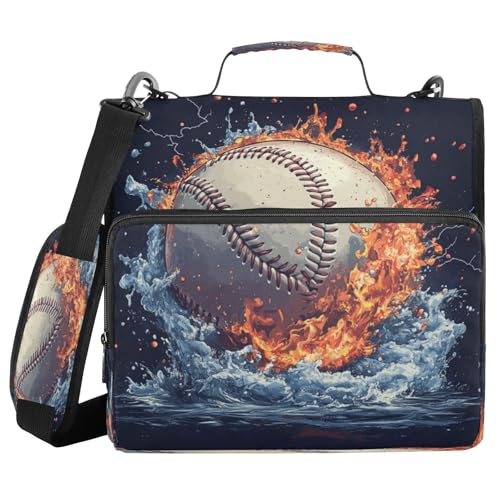 Caikeny 3 Ring Zipper Binder Baseball Fire Water 1.5 inch Binders Bag Flame Soccer with Shoulder Strap and Handle Expanding File Pockets - color: Multicolored 1z2.12