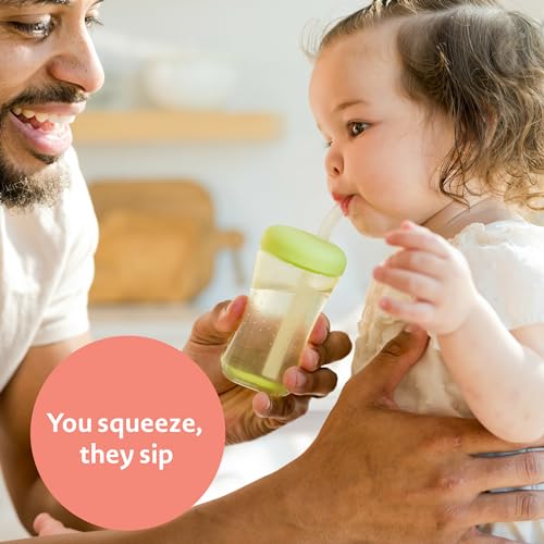 The First Years Squeeze & Sip Toddler Straw Cups - Squeezable Transition Sippy Cup with Silicone Straw - Toddler Feeding Supplies - 7 Oz - 3 Count - Ages 6 Months and Up - color: Green/Teal