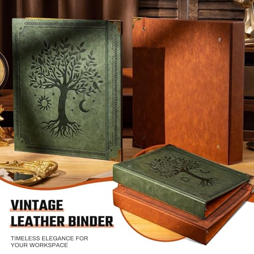 Ovesmusl 2 Pack Leather D Ring Binder Fits 8.5"x11" Letter Size Paper, 1.5 Inch D-Ring Binders Holds 400 Sheets, Notepad Paper Cover Loose Leaf Organizer with Inner Pockets, Green Tree - color: Green, size: 1.5 inch, style: 2 Pack