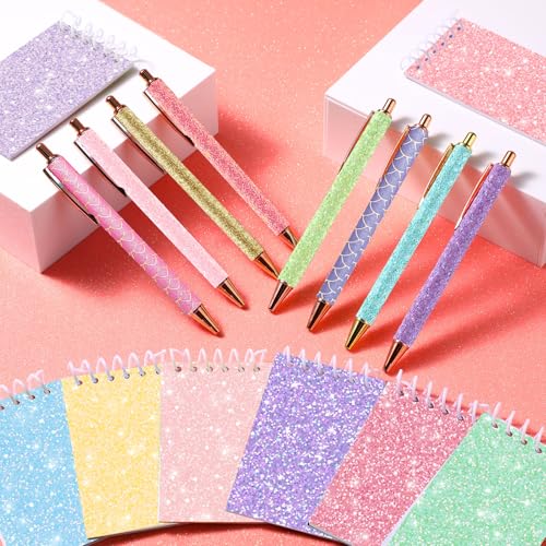 Sherr 16 Pcs Glitter Pens and Notebooks Set Mini Spiral Notepads Fancy Pens for Kids Girls Women Sparkly Sequins Journaling Ballpoint Christmas Birthday Gift Classroom Rewards(Light Color) - color: Light Color