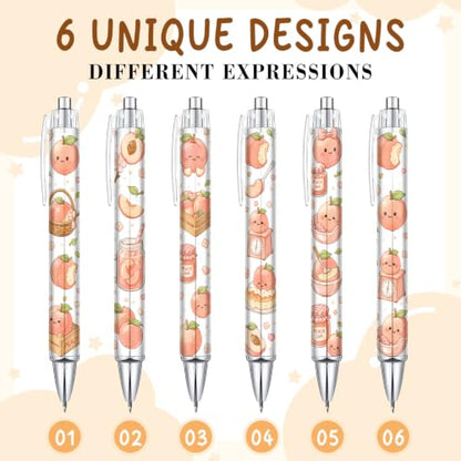 6 Pack Peach Inspirational Pens, Cute Kawaii Fruit Ballpoint Pen Set for Girls Kids Teens, Aesthetic School Supplies with Fun Peach Designs, Teacher Gifts, Classroom Rewards, Office Accessories