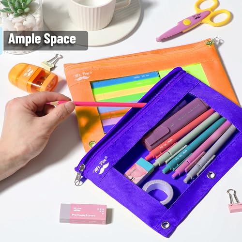 Mr. Pen- Pencil Pouch for 3 Ring Binder, 2 Pack, 10"x6.75", Smooth Zipper | Clear Window, Large Capacity Pencil Case with 3 Reinforced Grommets for School, Office, Supplies Storage | Clear Window, Large Capacity Pencil Case with 3 Reinforced Grommets for