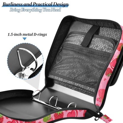 Cute Strawberry Zipper Binder 3 Ring with Shoulder Strap, Multiple Pockets Expanding File Folder Binder Bag Organizer