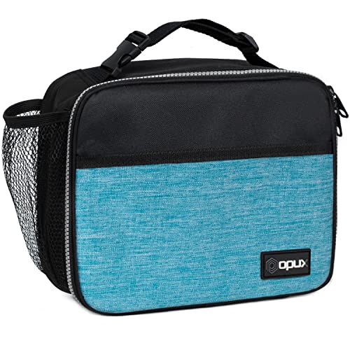 opux Insulated Lunch Bag for Kids, Reusable Lunch Box for School with Leakproof Lining, Compact Soft Cooler Tote for Boys & Girls, Front Pocket, Mesh Side Bottle Holder (Heather Sea Blue) - color: Heather Sea Blue