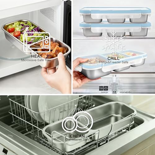Stylish Blue Stainless Steel Lunch Box for Women - 3-Compartment Leak-Proof Snackle Box, Reusable Snack Containers with Lids for Kids & Adults, Stainless Steel Snack Containers & Storage Containers - color: 3 Compartments Blue