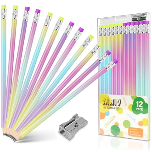 Ainiv Gradient Pencils #2 HB, 12-Piece Macaron Graphite Pencils with Eraser, Perfect for Kids, Adults, School, Office, Wedding Favors - color: 12 pencils with eraser