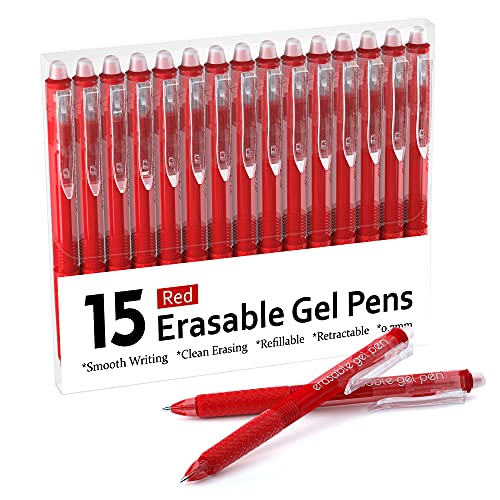 Lineon Erasable Gel Pens, 15 Pack Red Retractable Erasable Pens Clicker, Fine Point, Make Mistakes Disappear, Red Ink for for School & Office - color: 15 Pack Red