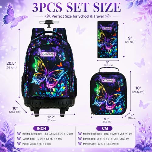 HPJGD 3PCS Rolling Backpack for Girls, Womens Butterfly School Backpacks with Wheels, Water Resistant Roller Kids Wheeled Bookbag Set with Lunch Box - color: Black Butterfly Rolling Set