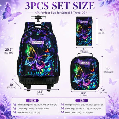 HPJGD 3PCS Rolling Backpack for Girls, Womens Butterfly School Backpacks with Wheels, Water Resistant Roller Kids Wheeled Bookbag Set with Lunch Box - color: Black Butterfly Rolling Set