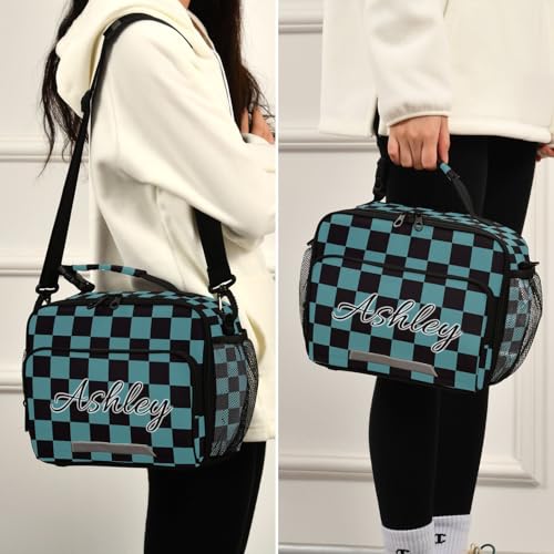 Custom Student Lunch Bag for Boys Girls Teal Black Checkered Personalized Lunch Box With Name Insulated Cooler Bag for School Picnic Travel - color: Multi03