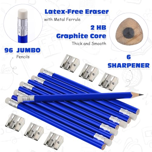 Fainne 102 Pieces Jumbo Pencils Set for Kids Toddlers 96 Thick Fat Large Pencils with Erasers 6 Sharpeners Bulk for Preschool Kindergarten Elementary School Classroom(Blue,Triangle) - color: Blue, style: Triangle
