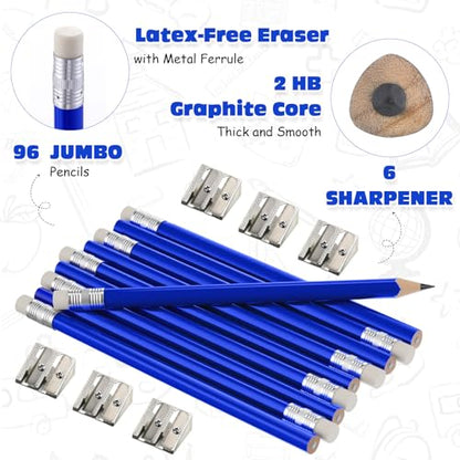 Fainne 102 Pieces Jumbo Pencils Set for Kids Toddlers 96 Thick Fat Large Pencils with Erasers 6 Sharpeners Bulk for Preschool Kindergarten Elementary School Classroom(Blue,Triangle) - color: Blue, style: Triangle