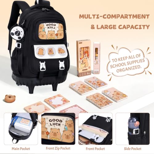 Capybara Rolling Backpack for Girls - 3PCS Girls Backpack Kids Suitcase with Lunch Box & Pencil Case Travel - Capybara Backpack with Wheels for Kindergarten Preschool Elementary (Black) - color: Black