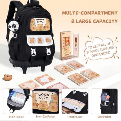Capybara Rolling Backpack for Girls - 3PCS Girls Backpack Kids Suitcase with Lunch Box & Pencil Case Travel - Capybara Backpack with Wheels for Kindergarten Preschool Elementary (Black) - color: Black