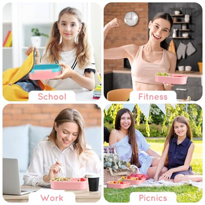Lunch Box Kid Adult Bento Box, 4-Compartment Food Lunch Containers with Fork & Spoon, BPA Free, Leak-Proof Bento-Style Lunch Box for Work School, Microwave & Dishwasher Safe (Candy) - color: Candy