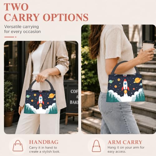 Cartoon Rocket Reusable Lunch Bag,Space Planets Insulated Small Lunch Box for Kids Adult Women,Leakproof Cooler Tote Bags for Student Teacher Work Camping Picnic School - color: Cartoon Rocket
