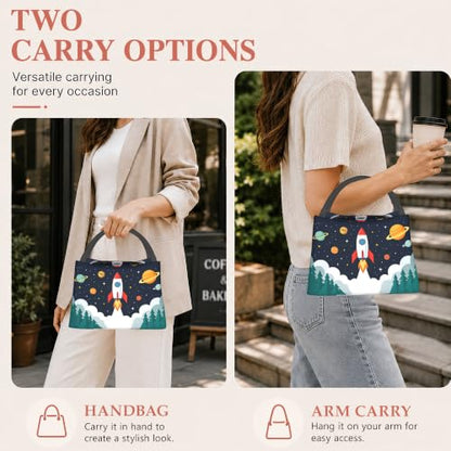 Cartoon Rocket Reusable Lunch Bag,Space Planets Insulated Small Lunch Box for Kids Adult Women,Leakproof Cooler Tote Bags for Student Teacher Work Camping Picnic School - color: Cartoon Rocket