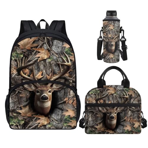 Horeset Deer Camo Kids Boys School Backpack with Insulated Lunch Tote Water Bottle Sling Bag Set of 3, Large Capacity 17inch Bookbag Schoolbag with Adjustable Padded Shoulder Straps - color: Deer Camo