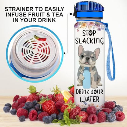 34HD French Bulldog Water Bottle with Time Marker & Straw 32 oz, Stop Slacking Drink Your Water Dog, Birthday Gift for Frenchie Lovers and Pet Owners - color: White Blue