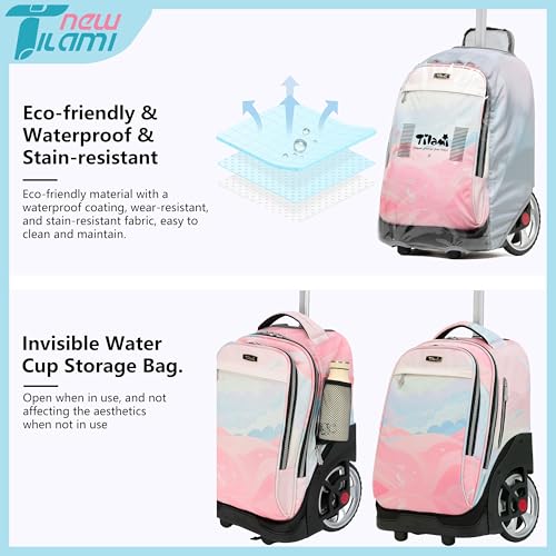 NEW TILAMI 19 inch Rolling Backpack Teens Rolling Backpack Cute Wheeled Laptop Backpack Bookbag Roller Travel Bag College,Pink - color: Pink