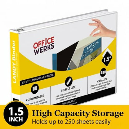 8.5" X 11" Landscape View Binder, 3-Ring 1.5 Inch Capacity Round Ring, White Horizontal Formatted with Clear Cover Pockets for Documents, Spreadsheets, Projects and More - size: 1.5 Inch